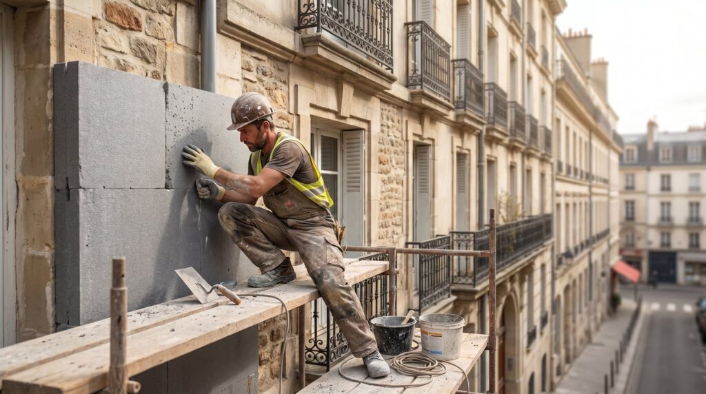 Ouvrier posant une isolation thermique par l'extérieur sur la façade d'un immeuble ancien