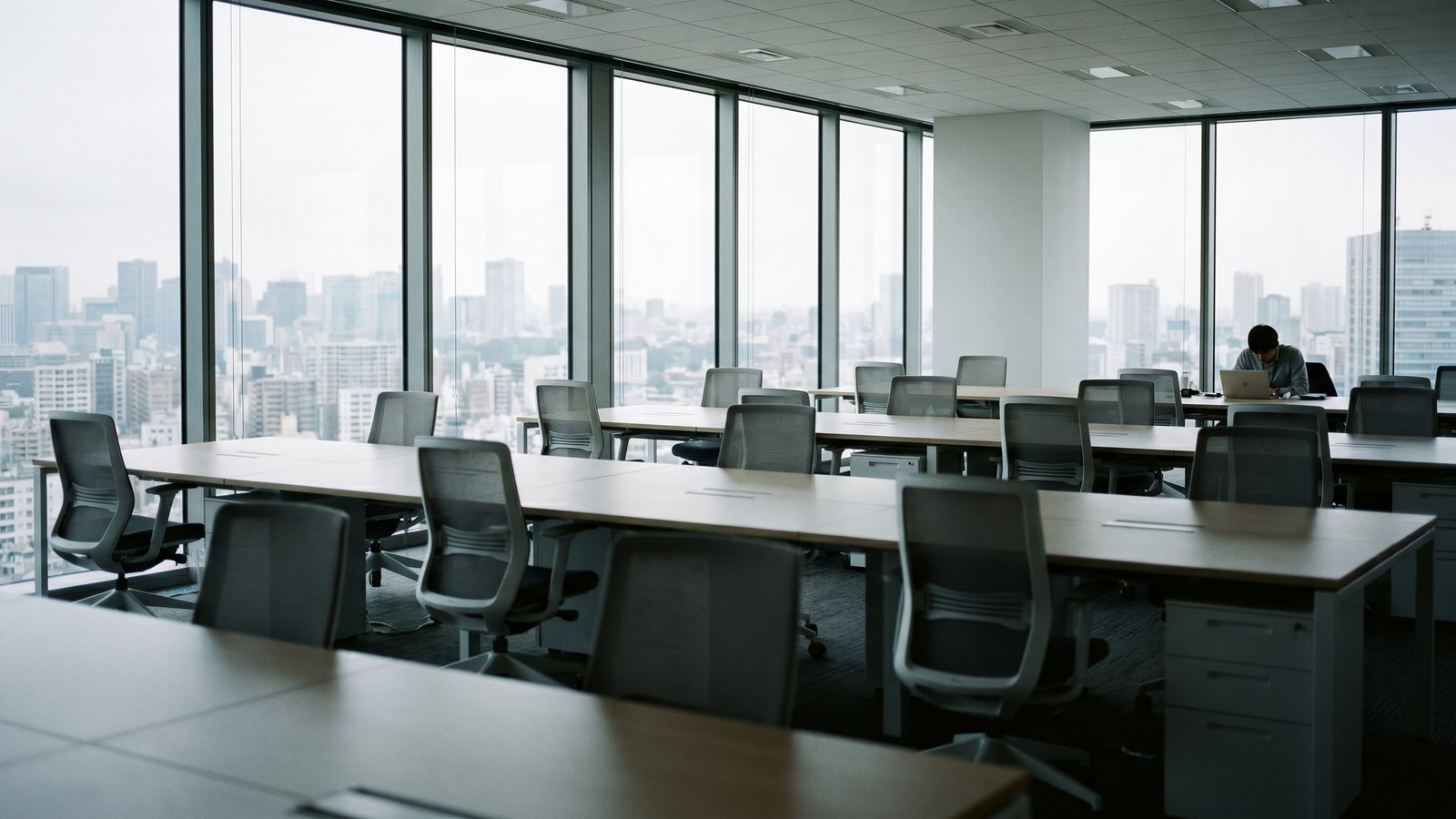 Plateau de bureaux moderne presque vide avec de nombreux postes de travail inoccupés, illustrant la vacance record