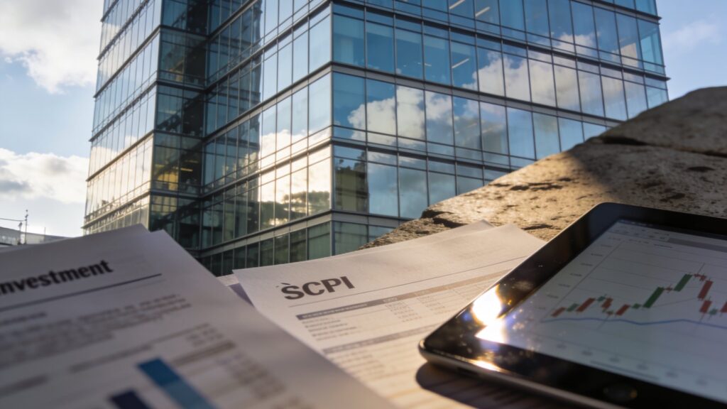 Immeuble de bureaux en verre avec documents d'investissement, illustrant le marché des SCPI