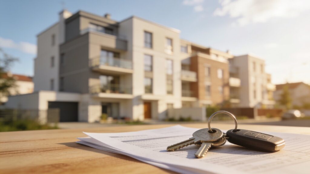 Immeuble résidentiel rénové avec clés et documents, illustrant le statut du bailleur privé