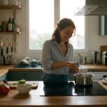 Femme cuisinant sur une plaque electrique dans sa cuisine, hausse des tarifs reglementes de l electricite