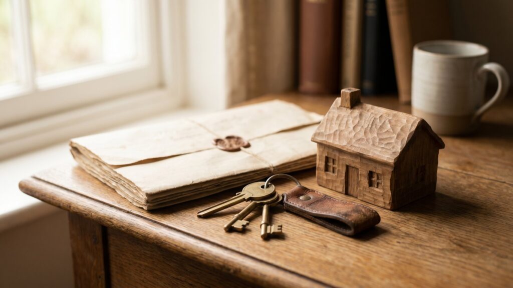 Clés de maison posées sur un document et une maquette de maison, symbole de transmission de patrimoine aux enfants