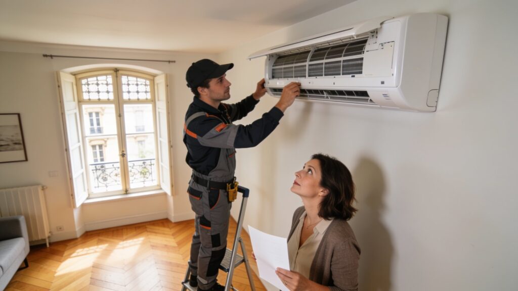 Installateur fixant une pompe a chaleur air/air murale dans un salon, TVA 5,5 %