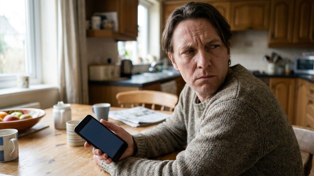 Homme mefiant regardant son telephone dans sa cuisine