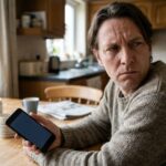 Homme mefiant regardant son telephone dans sa cuisine