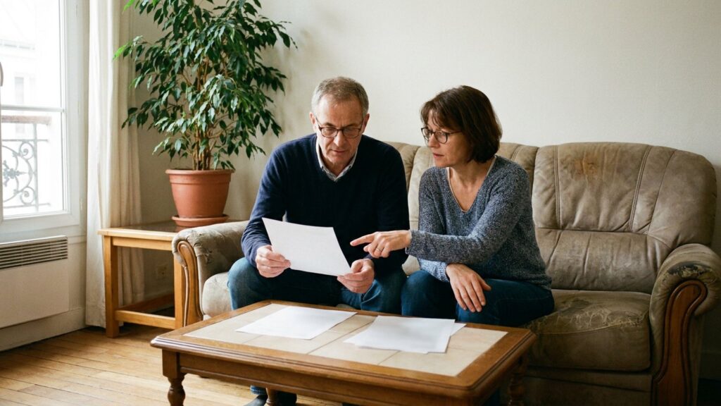 Un couple examine ses documents d’assurance habitation dans son salon, alors que la prime moyenne atteint 323 euros par an en 2025