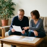 Un couple examine ses documents d’assurance habitation dans son salon, alors que la prime moyenne atteint 323 euros par an en 2025