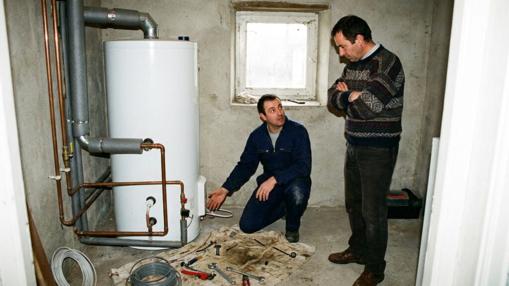 Un installateur explique la pose d'un chauffe-eau thermodynamique à un propriétaire, prime CEE bonifiée au 1er septembre 2026