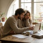 Couple consultant un projet immobilier sur un ordinateur portable a la maison, epargne logement