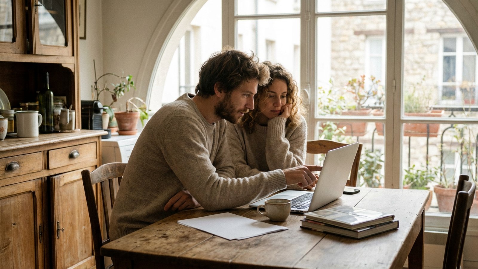 Couple consultant un projet immobilier sur un ordinateur portable a la maison, epargne logement