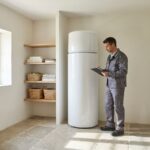 Technicien controlant un chauffe-eau thermodynamique dans une buanderie
