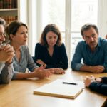 Héritiers indivisaires réunis chez un notaire pour décider de la vente d'une maison louée