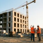 Deux ouvriers observent la structure béton d'un immeuble de logements en construction avec une grue, statistiques de construction neuve