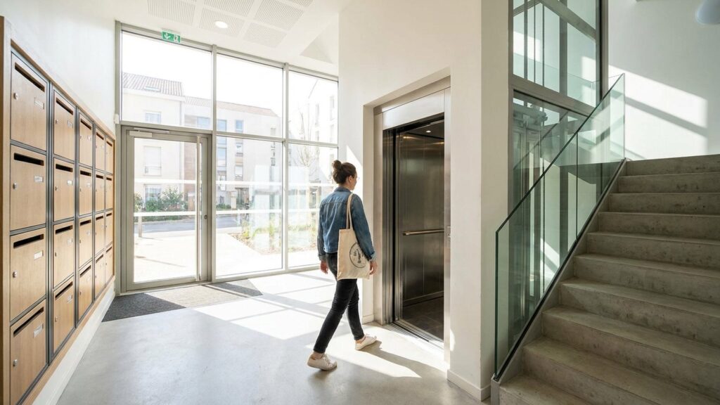 Residente marchant vers l'ascenseur dans le hall d'un immeuble avec boites aux lettres et escalier