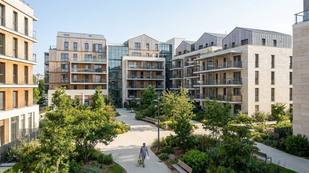 Grand ensemble residentiel moderne avec cour paysagere et un resident