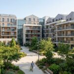 Grand ensemble residentiel moderne avec cour paysagere et un resident