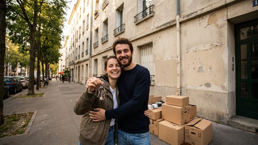 Jeune couple souriant tenant les cles de leur premier logement devant un immeuble avec des cartons de demenagement