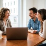 Conseillere bancaire et jeune couple discutant d'un credit immobilier devant un ordinateur portable avec une maquette de maison