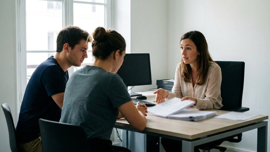 Un jeune couple en rendez-vous avec une conseillère bancaire pour un dossier de crédit immobilier, dans un marché en recul de 21,5 %