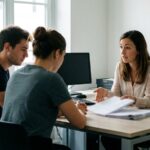 Un jeune couple en rendez-vous avec une conseillère bancaire pour un dossier de crédit immobilier, dans un marché en recul de 21,5 %