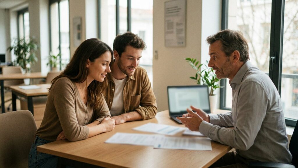 Couple recevant les conseils d un conseiller bancaire pour un credit immobilier