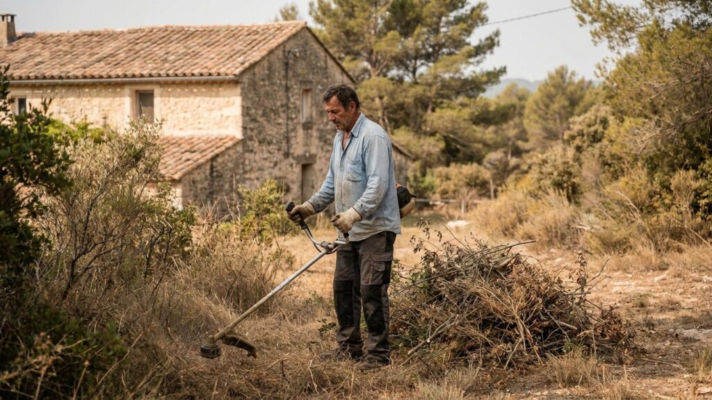 Propriétaire débroussaillant au rotofil les abords de sa maison en pierre située près d'un massif forestier classé à risque d'incendie