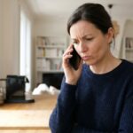 Femme à son domicile, au téléphone, méfiante face à un appel commercial non sollicité