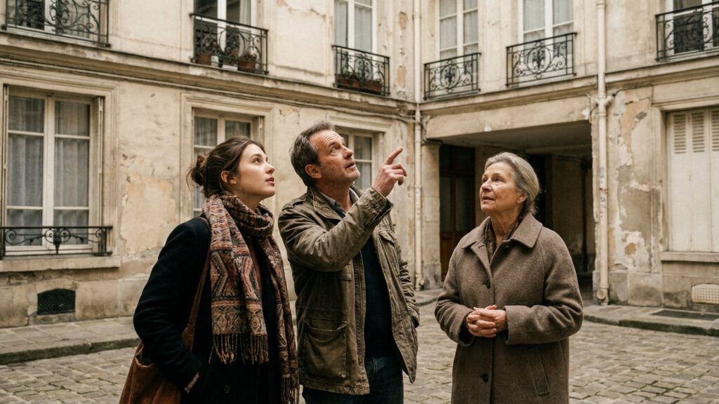 Trois coproprietaires discutant dans la cour d un immeuble ancien, diagnostic energetique collectif