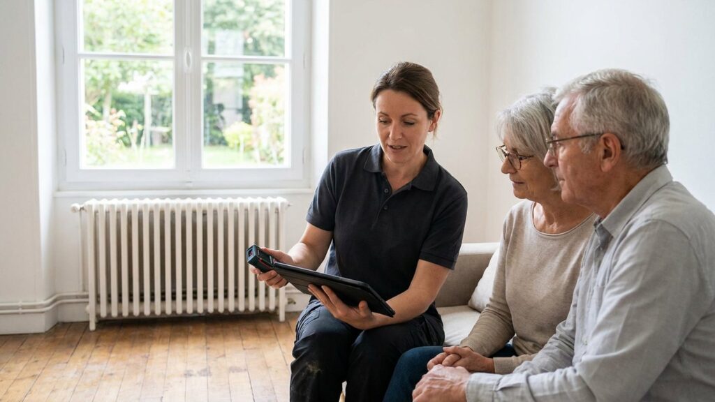Une diagnostiqueuse immobilière présente les résultats du diagnostic de performance énergétique à un couple de propriétaires