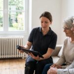 Une diagnostiqueuse immobilière présente les résultats du diagnostic de performance énergétique à un couple de propriétaires