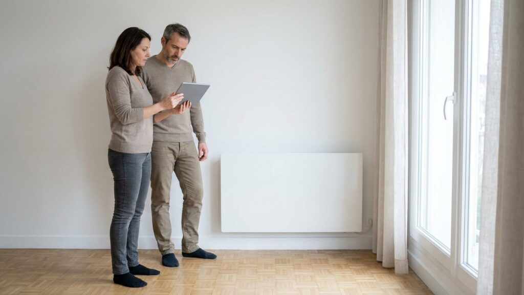 Un couple examine une tablette devant un radiateur électrique dans un logement, illustration du changement de facteur de conversion du DPE