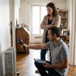 Un diagnostiqueur mesure la température près d'un radiateur électrique dans un logement, en présence de la propriétaire, pour un diagnostic de performance énergétique