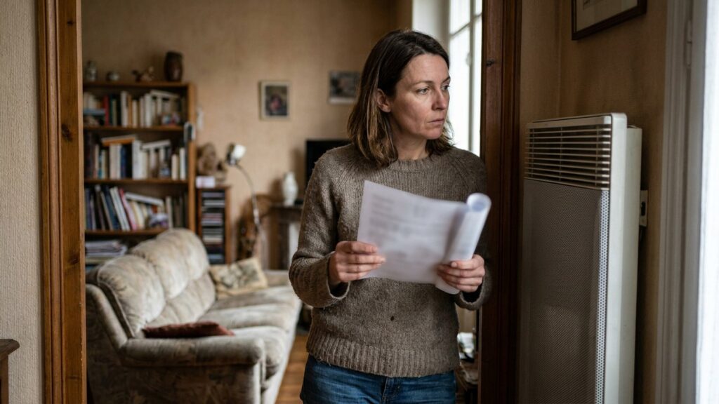 Locataire lisant son bail devant un radiateur électrique, gel du loyer après reclassement DPE