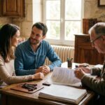 Couple signant l achat d un logement chez le notaire, cles posees sur la table