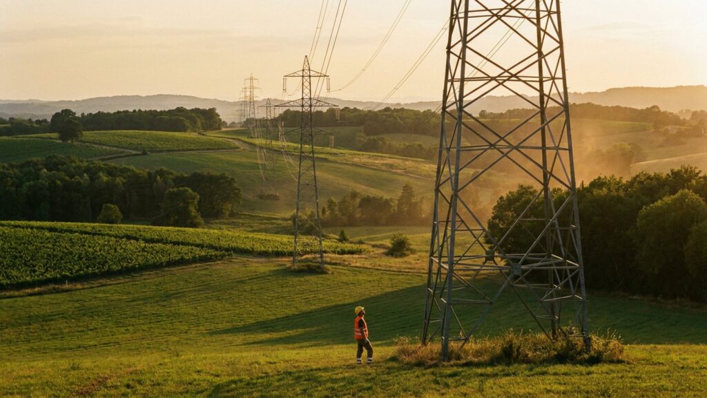Technicien en gilet observant des pylones electriques haute tension dans la campagne francaise au coucher du soleil