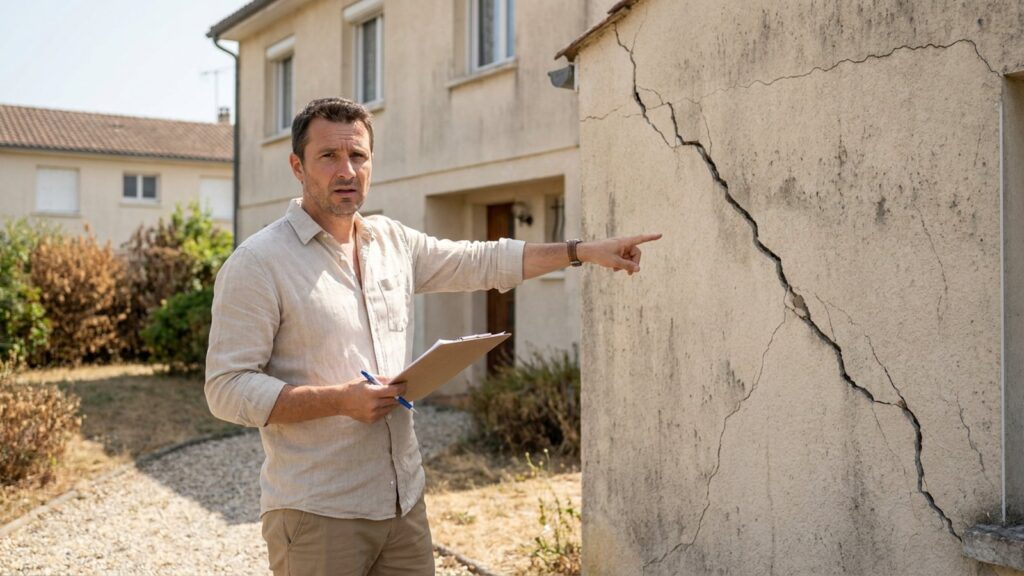 Expert en batiment pointant une fissure sur la facade d'une maison individuelle lors d'un ete sec