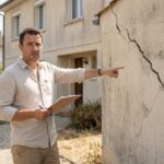 Expert en batiment pointant une fissure sur la facade d'une maison individuelle lors d'un ete sec