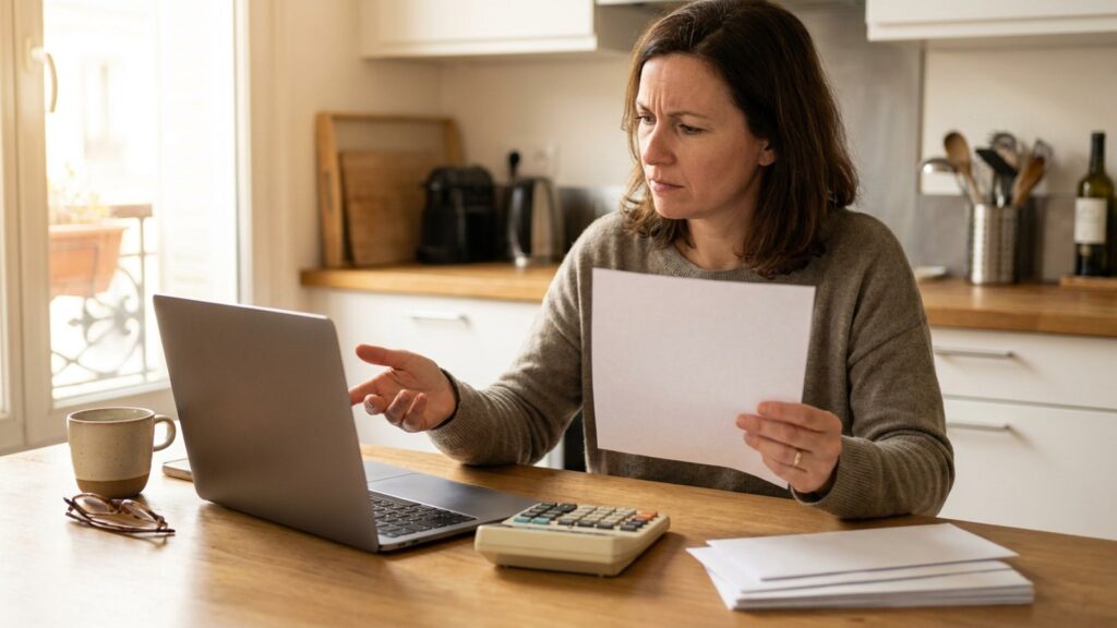 Une femme compare sa facture d'energie papier avec un ordinateur portable et une calculatrice dans sa cuisine