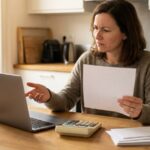 Une femme compare sa facture d'energie papier avec un ordinateur portable et une calculatrice dans sa cuisine