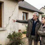 Couple de propriétaires observant une fissure sur la façade de leur maison individuelle