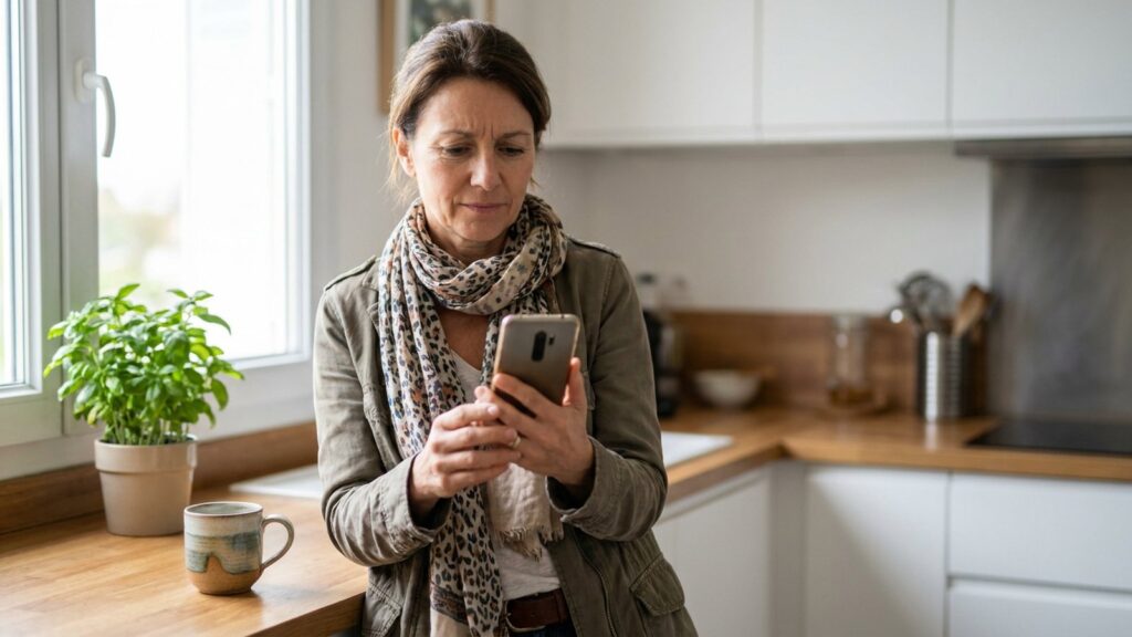 Femme dans sa cuisine hésitant à répondre à un appel de démarchage téléphonique après la fuite de données Bloctel