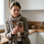 Femme dans sa cuisine hésitant à répondre à un appel de démarchage téléphonique après la fuite de données Bloctel