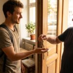 Un proprietaire remet les cles d'un studio a un jeune travailleur saisonnier