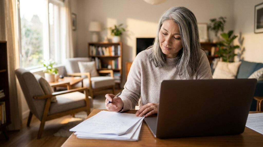 Femme a un bureau examinant des documents avec un ordinateur portable