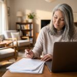 Femme a un bureau examinant des documents avec un ordinateur portable