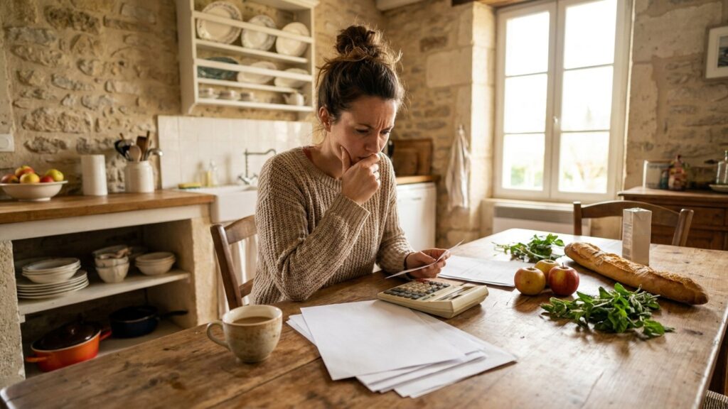 Femme calculant son budget dans une cuisine avec calculatrice cafe et courses face a la hausse des prix