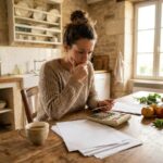 Femme calculant son budget dans une cuisine avec calculatrice cafe et courses face a la hausse des prix