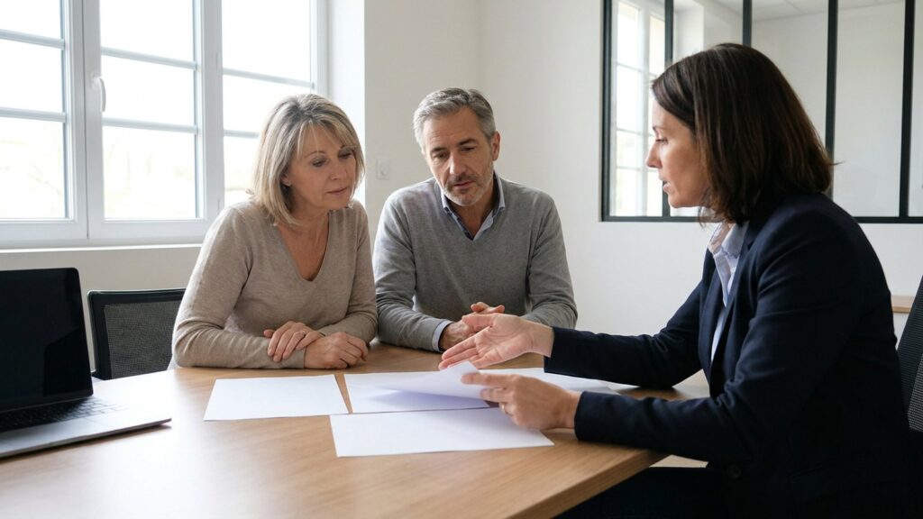 Un couple d'investisseurs examine avec sa conseillère la fiscalité de la revente d'un logement loué en meublé, amortissement et plus-value