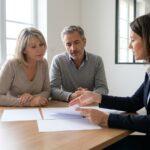 Un couple d'investisseurs examine avec sa conseillère la fiscalité de la revente d'un logement loué en meublé, amortissement et plus-value