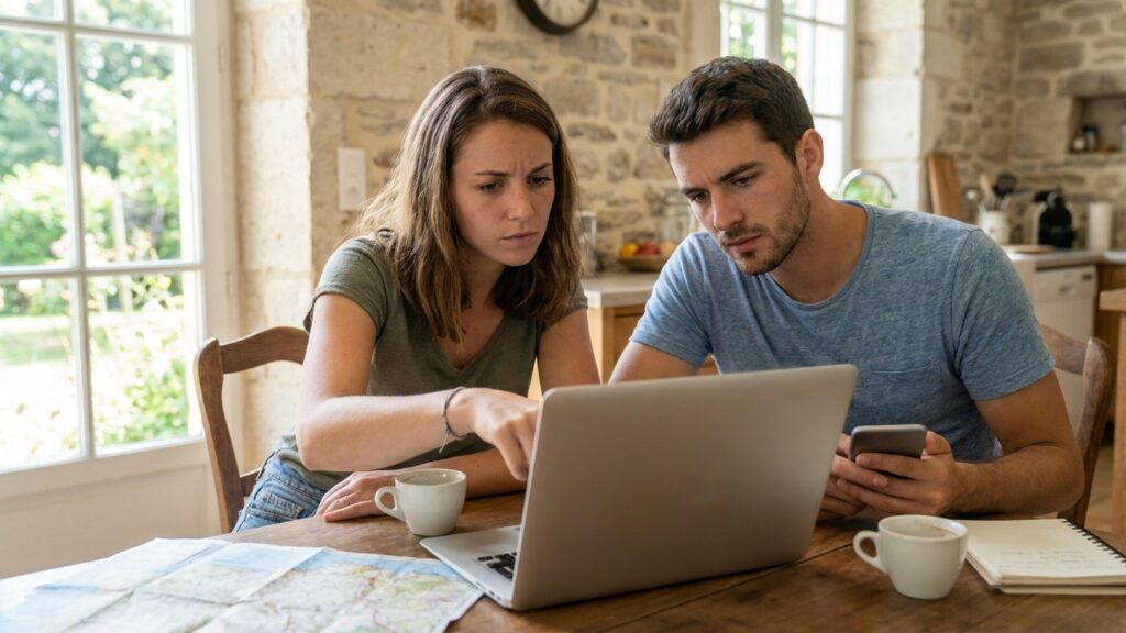 Couple prudent consultant un ordinateur portable pour reserver une location de vacances
